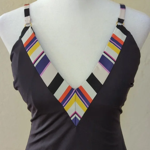 Trina Turk Black Treasure Cove Deep V Neck One Piece Swimsuit Size 12 - Picture 4 of 10